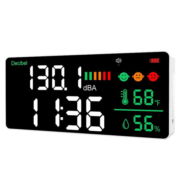 5-in-1 Decibel Meter Wall Hanging Sound Level Meter 30-130dB Range 11 Inch Large LED Display Noise & Time & Temperature & Humidity Meter Wide Applications for Home, Studio, Factory, Classroom