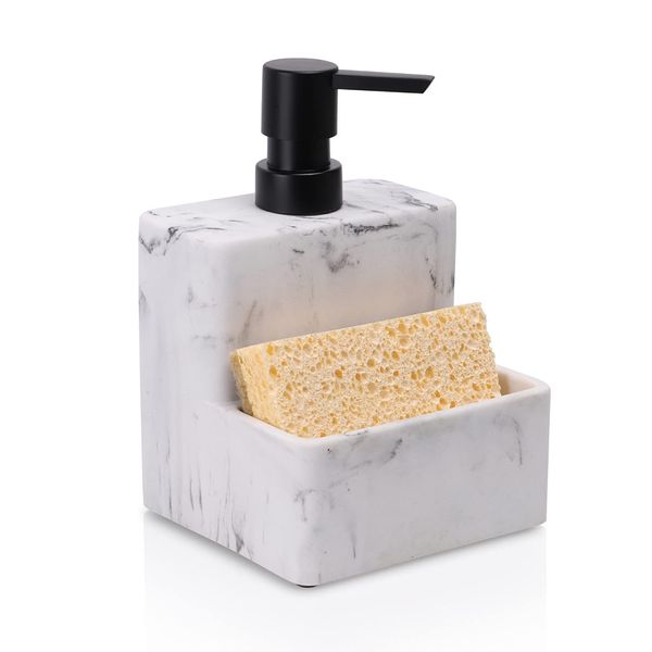 zccz Soap Dispenser with Sponge Holder, Marble Look Liquid Hand and Dish Soap Dispenser Pump Bottle and Sponge Holder 2 in 1 for Kitchen Sink Bathroom Counter Storage and Organization