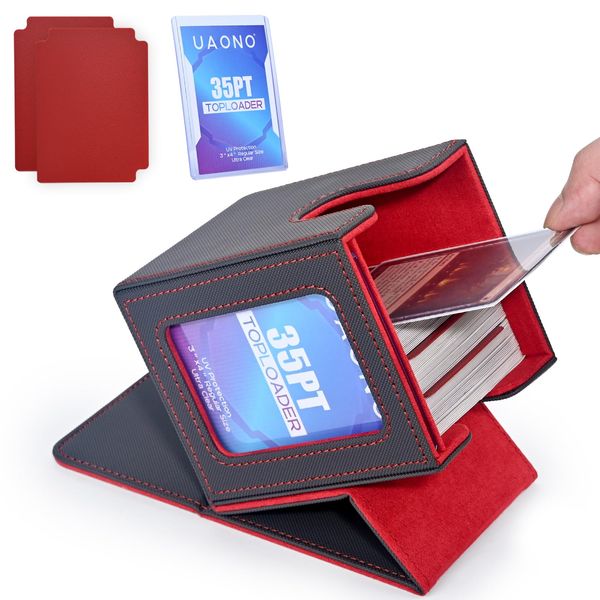 UAONO Card Deck Box with MTG Commander Display, Patented Design Card Deck Case Holds 100+ Double-Sleeved Cards, PU Leather Cards Storage Box for TCG with 2 Dividers, 1 Toploader (Grey&Red)