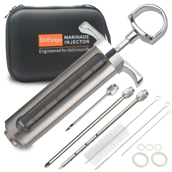 DePango Meat Injector, Stainless Steel Marinade Injector Flavor Syringe Kit with 2-oz Measurement Window for Smoker BBQ Grill, Cooking Turkey Chicken Steak Beef Brisket Pork-Chops, 3 Needles, Silver