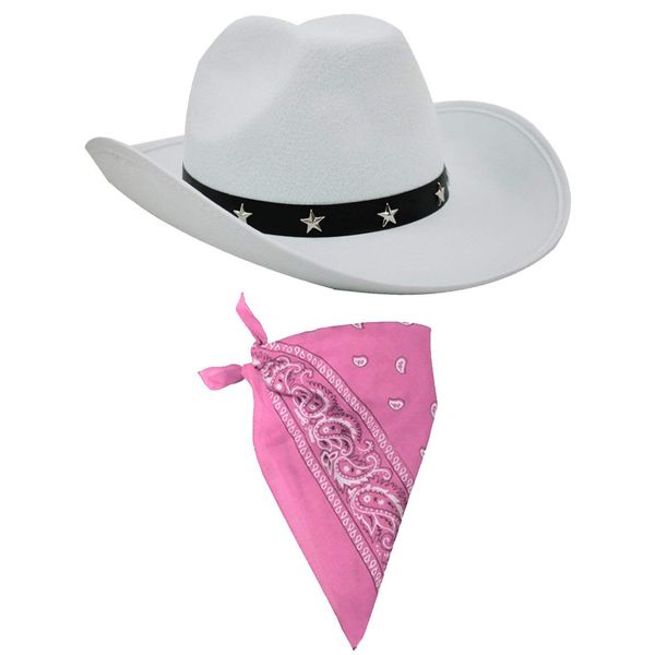 COWBOY FANCY DRESS ACCESSORY SET COSTUME WHITE COWBOY HAT WITH STAR STUDDED BAND & PINK PAISLEY BANDANA WILD WEST WESTERN SHERIFF BANDANNA ** PLEASE BE AWARE COWBOY HATS MAY HAVE MARKS ON **