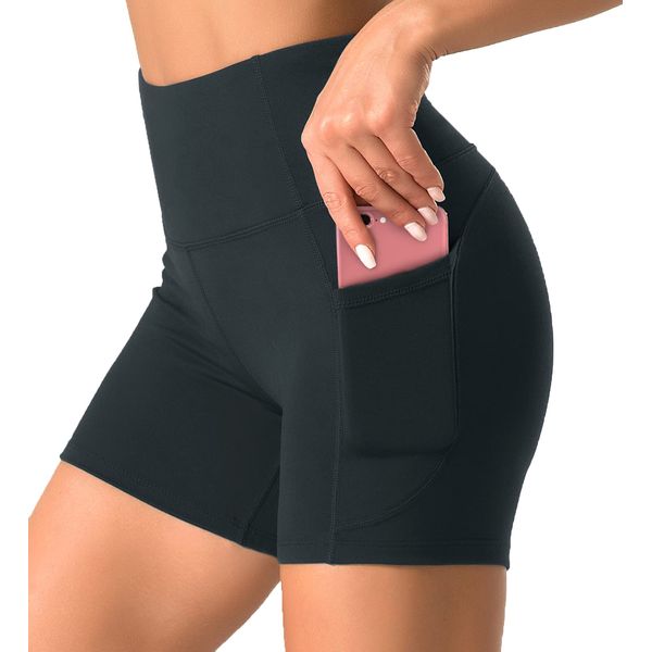 Dragon Fit High Waist Yoga Shorts for Women with 2 Side Pockets Tummy Control Running Home Workout Shorts (Medium, Dark Grey)