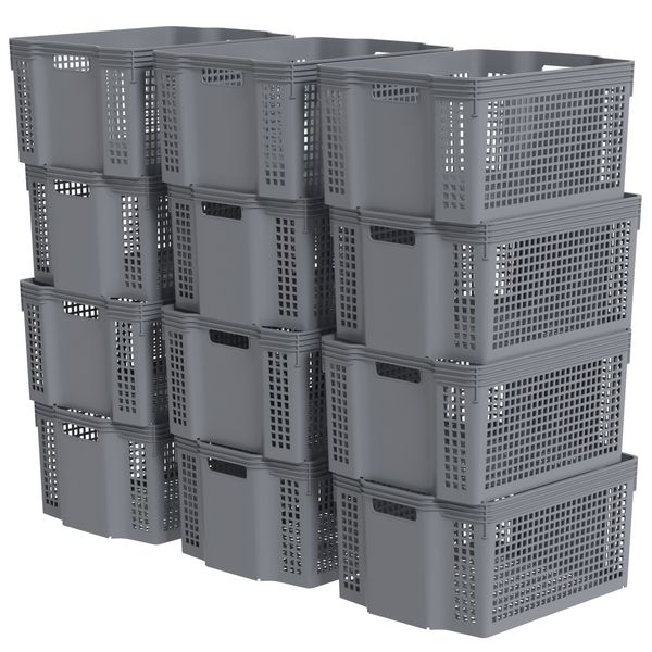 12 Pack Large Plastic Stackable Storage Baskets Organizer Bin for Pantry, Grey
