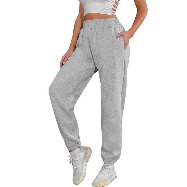 UMIPUBO Jogginghose Damen Baumwolle Lang, Warme Sweatpants Fleece Freizeithose Jogger Hose High Waist mit Taschen, Basic Modische Laufhosen (Hellgrau, S)