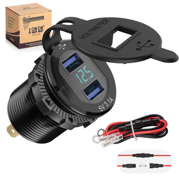 10L0L Golf Cart Quick Charge 3.1 Dual USB Charger,2 in 1 USB Ports & LED Display Voltage Meter Universal for Yamaha,Club Car,EZGO,Metal Shell Safe Charging Socket 9V-48V Wide Voltage Input