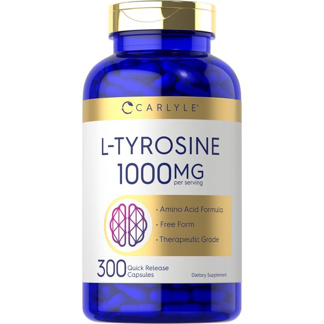 L-Tyrosine 1000mg | 300 Capsules | Free Form | Non-GMO, Gluten Free | by Carlyle