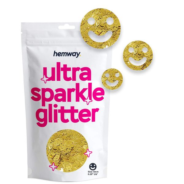 Hemway Ultra Sparkle Glitter Shapes - Smiley Face Shaped Glitter Cosmetic Graded Smile Emoji Sequins for Decorations Body Art Nail Confetti DIY Tumbler Crafts Artwork - Gold - 50g 1.8oz