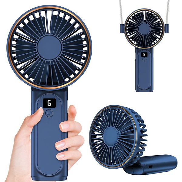 Handheld Fan, Portable Fan, 4000mAh Rechargeable Personal Fan, 180° Foldable Mini Desk Fan with 6 Wind Speed, LCD Digital Display, Lanyard as Neck Fan, Ultra Quiet, Pocket Size for Indoor Outdoor