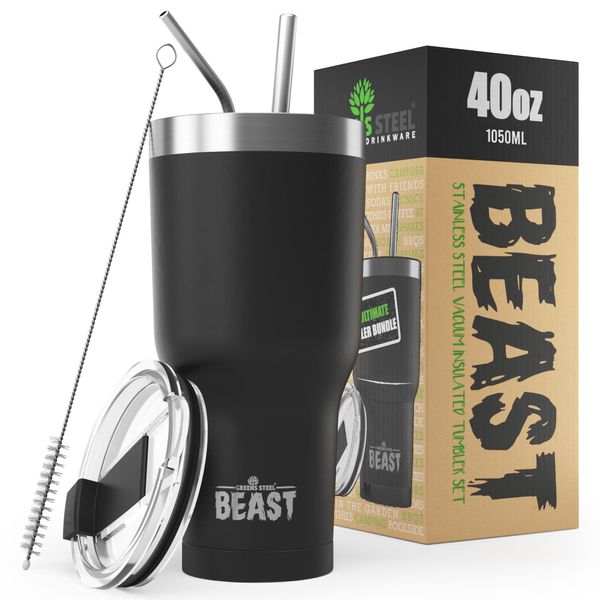 Beast Tumbler - 1050 ml (40 oz), Matte Black | Reusable Stainless Steel, Vacuum Insulated Cup | with + 2 Straws & Cleaning Brush | Double Wall Travel Flask Perfect for Hot or Iced Coffee | BPA Free