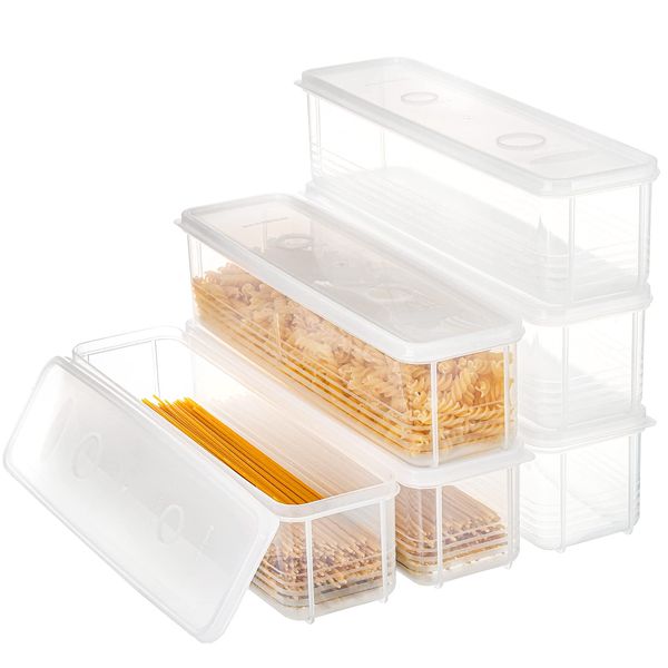 ZENFUN Set of 6 Pasta Storage Containers with Lid, Airtight Spaghetti Noodle Holder Rectangular Chopstick Storage Box Sealed Noodle Canisters for Refrigerator, Kitchen Pantry, 3" x 12" x 3", BPA-FREE