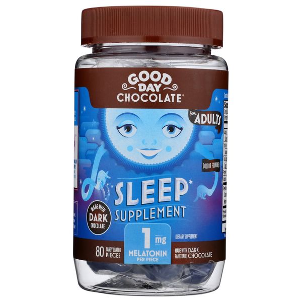 Good Day Dark Chocolate Melatonin for Adults [ 80 Count ] - Fair Trade Non-GMO Dark Milk Chocolate with Chamomile and Melatonin 1 mg - Adult Melatonin, Adult Natural Sleep Aid Supplement