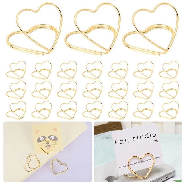 LANJING Sticky Note Holder, Stainless Steel Material, Business Card Holder, Photo Holder, Message Holder, Fashion Card, Heart Shape, Sticky Notes, Office, Wedding, Party (Design: Heart Shaped Stationery Stand, Gold, 24 Pieces Total)