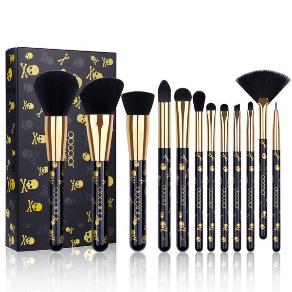 Docolor Makeup Brush Set 12Pcs Skull-Print Makeup Brushes Premium Synthetic Powder Foundation Contour Blush Concealer Eye Shadow Blending Liner Makeup Brush Sets