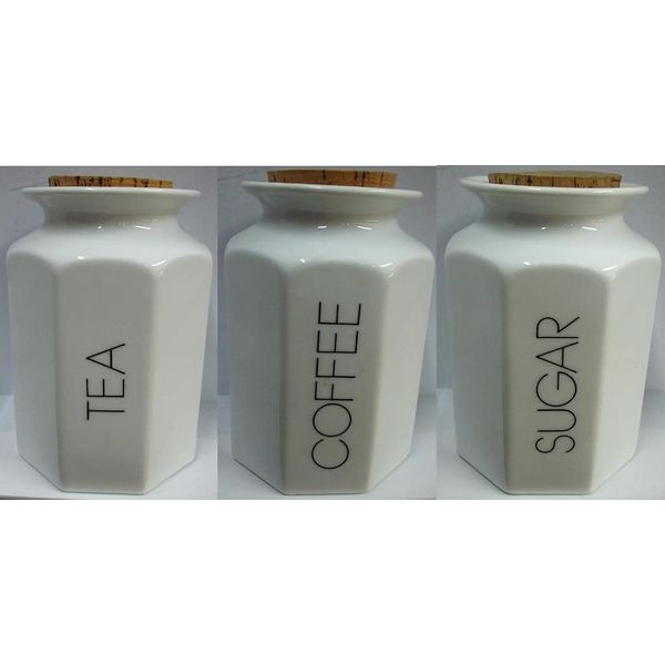 HEXAGONAL PORCELAIN TEA, COFFEE, & SUGAR STORAGE JARS,- CORK LIDDED - SET 3 - BNIB.
