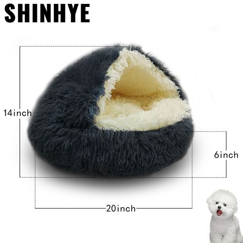 ShinHye Cat Bed Round Plush Fluffy Hooded Cat Bed Cave, Cozy for Indoor Cats or Small Dog beds, Soothing Pet Beds Doughnut Calm Anti-nxiety Dog Bed - Waterproof Bottom Washable (20×20inch, Dark Grey)