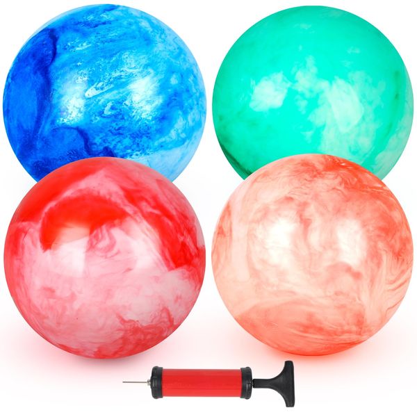 AMOR PRESENT 4PCS Playground Balls for Kids, 8.7 Inches Rainbow Dodgeballs Marbleized Bouncy Balls, Rubber Inflatable Kickball with Air Pump for Indoor Outdoor Sport Games