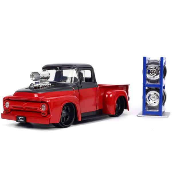 Jada Toys Just Trucks 1:24 1956 Ford F-100 Pickup Truck Red/Dark Gray with Tire Rack