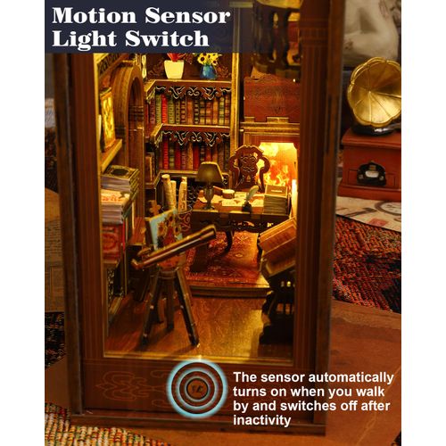 DIY Book Nook Kit, Bookshelf Insert Decor Alley 3D Wooden Puzzles with LED Lights & Motion Sensor, Miniature Dollhouse Kits Bookends Craft Kits for Adults Teens - Library