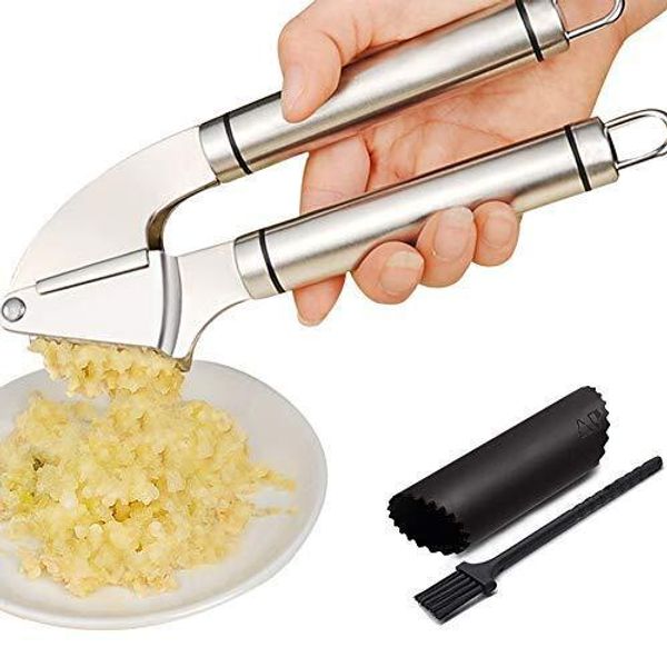 Premium Garlic Press Set Large Capacity Stainless Steel Mincer Crusher & Peeler