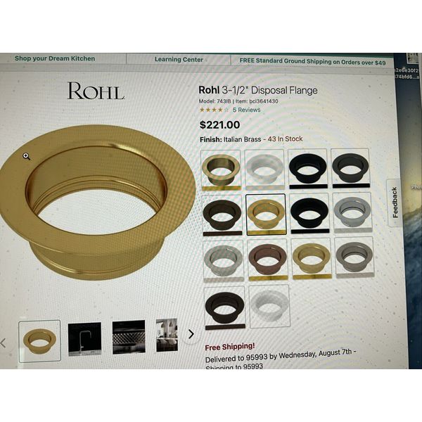 Rohl 743IB 3-1/2" Disposal Flange, Italian Brass