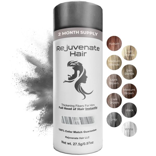 REJUVENATE Hair Fibers for Thinning Hair (Gray), Undetectable Hair Powder for Men & 100% Natural Hair Building Fibers - Conceals Hair Loss - Bald Spot Cover Up Hair Powder, 2 Month Supply