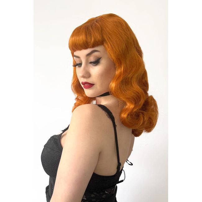 Ginger pinup style wig, finger waved with short fringe, 1950s style: Sienna