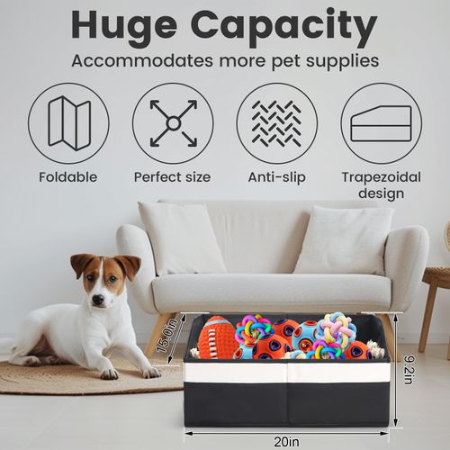 Nage-Bay Large Dog Toy Basket With Handle, Foldable Dog Toy Box for Living Room Area, 20" Basket for Dogs Toys, Clothes, Organizers and Storage with Hard Board, Anti-slip for Pet Toys (Black, Medium)