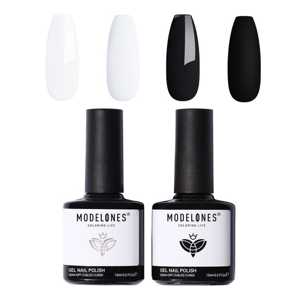 Modelones Gel Nail Polish, 2 Pcs 15 ml White Black Gel Polish Soak Off LED Fingernail Polish [Long Lasting] [Vegan] Nail Lacquer Nail Art Manicure Kit DIY at Home Beauty Gifts 0.5 Oz