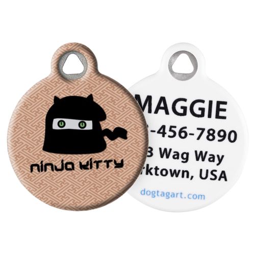 Dog Tag Art Ninja Kitty Personalized Pet ID Tag for Cats, Silent Polymer Coated Stainless Steel Nametag with Customized Identification Information, Small .875 Inch Diameter