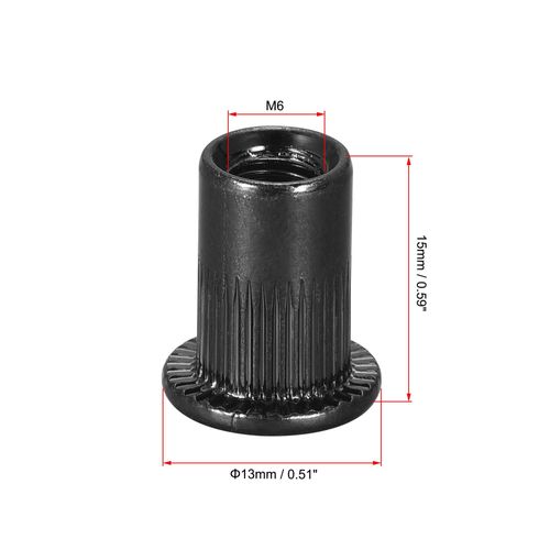 sourcing map M6 Rivet Nuts Carbon Steel Zinc-Plated Knurled Flat Head Threaded Insert Nut Black 50Pcs