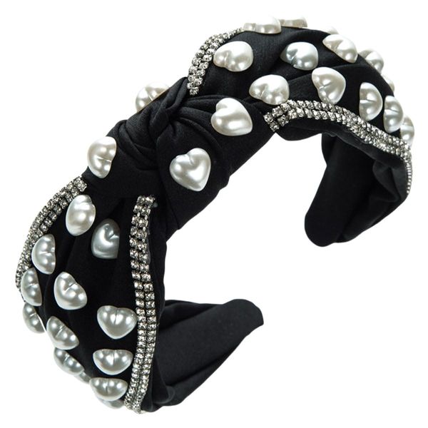 scicent Black Headband Rhinestone Embellished Knotted Hairbands Elastic Fashion Wide Head Band for Women Girls Non-Slip Pearl Hair Hoops Wedding Hair Accessories - 27405