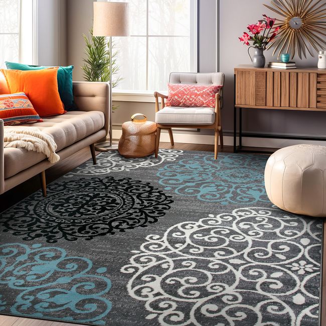 Rugshop Area Rug Floral Carpets for Living Room Jute Rug Modern Rug Gray 6x9 Rug