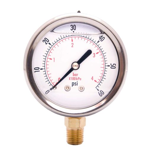 2-1/2" Liquid Filled Pressure Gauges - Stainless Steel Face, Brass, 1/4" NPT Lower Mount Connection, 0-60PSI
