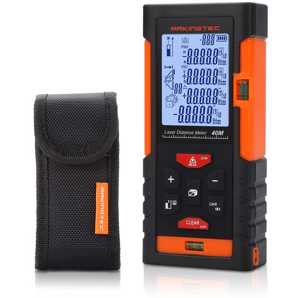 MAKINGTEC Laser Measurement Tool,131Ft Laser Measure Ft in M Unit Switch with 2 Bubble Levels Pythagorean Mode Area and Volume Measuring,LCD Backlit Digital Laser Tape Measure Distance Meter Device