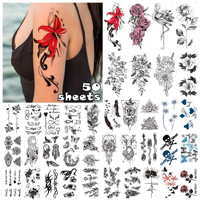 LEADTEAM 50 Blätter Temporäre Tattoos für Erwachsene, Fake Tattoo 3D Schwarze Rose Tattoo Blume Tattoo Arm Tattoo Gesichtstattoo Wasserdichtes Tattoo, Erwachsene Klebetattoos Aufkleben Männer Frauen