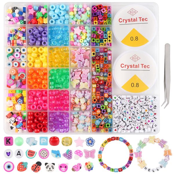 930 PCS Pony Beads Set, Kandi Beads Bracelet Making Kit, Letter Beads, Fruit Butterfly Multicolour Beads with 2 rolls of Crystal Line and Tweezers, Kandi Beads for DIY Jewelry and Crafts Making