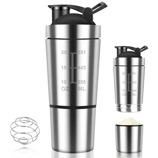 Golgner Edelstahl Protein Shaker, Shaker Eiweiß Sport Fitness, 600ml Fitness Protein Shaker, mit 200ml Tasse, BPA frei mit Skala, Doppelwandig, für Eiweiß, Diät und Fitness-Shake (Silber)