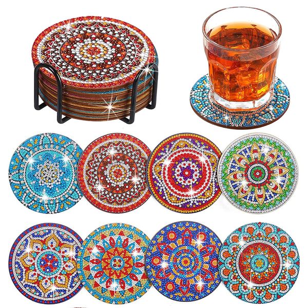 Diamond Art Coaster Mandala Kit 8 PCS Bead Art Diamond Art Set Cup Mat Bead Coaster Craft Kit Cute DIY Diamond Painting 5D Diamond Painting Kit Popular for Beginners Adults and Kids Popular Handmade Art Craft Supplies Present Holder (8 Mandala Pieces)