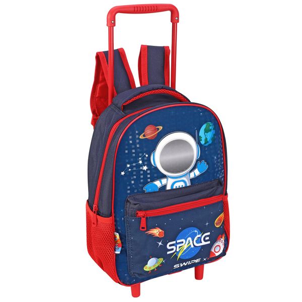 Hartom Kids Space Theme Rolling Backpack, Navy Blue and Red, Astronaut Design with Planets