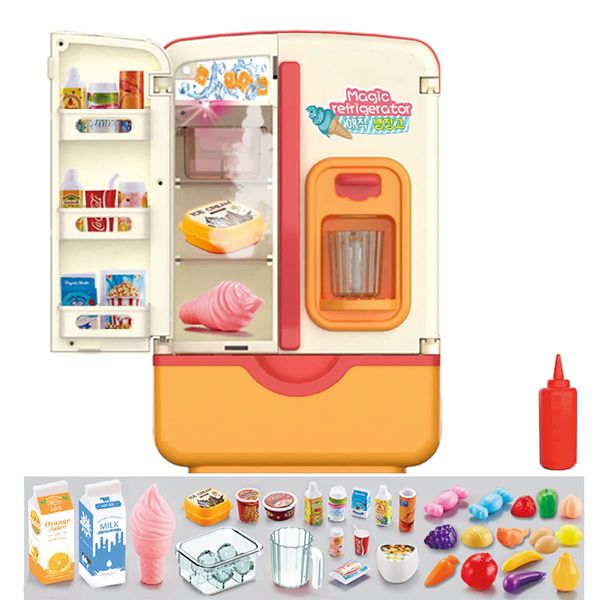 Kitchen Toys Fridge Refrigerator with Ice Dispenser Pretend Play Appliance for Kids, Play Kitchen Set with Kitchen Playset Accessories for Boys & Girls Music and Light