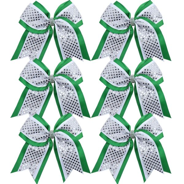 Cheerleader Bows 8 Inch 3 Layers 6 Pcs Ponytail Holder Jumbo Cheerleading Bows Hair Elastic Hair Tie for High School College (Green/White/Silver)