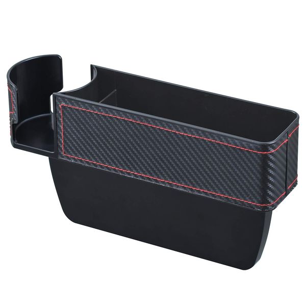 Seiwa WA64 Seat-Side Car Organizer, Pockets, Drink Holder, Storage, For Cars, Carbon Black and Red, Seat Organizer, Rear Seat, Driver’s Seat, Gap