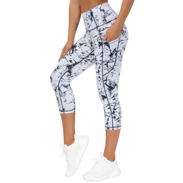 THE GYM PEOPLE Thick High Waist Yoga Pants with Pockets, Tummy Control Workout Running Yoga Leggings for Women (Large, Z- Capris Marble)