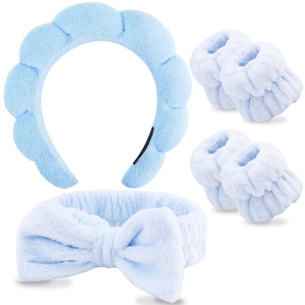 AOPRIE SPA Headbands for Washing Face Makeup Headbands with Bow Hair Band Women Facial Head Band Wrist Towel Wraps For Shower Face Mask Blue, 6 Pack