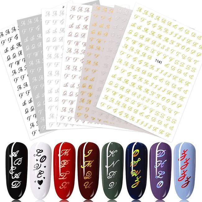 Letter Nail Stickers, 7 Sheets Self-Adhesive Nail Decal Colorful Old English Alphabet Nail Art Decoration Design Supplies