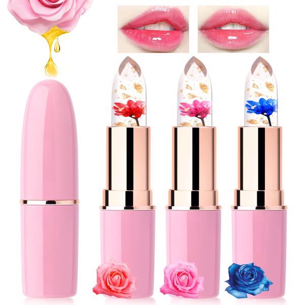 Likesing 3 Stück Lippenstift Set Blumen Temperaturempfindlicher Faebverändernder Pink Magic Lip Farbwechselnder Lippenstift Crystal Jelly Flower Color Changing Lipstick Lip Balm Geschenk Mädchen