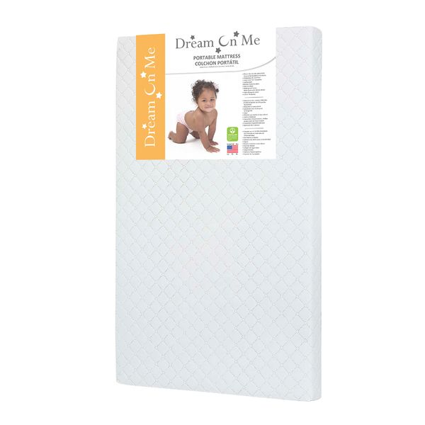 Dream On Me Holly 3” Fiber Portable Crib Mattress, Greenguard Gold Certified, Waterproof Vinyl Cover, Lightweight Mini Crib Mattress, White