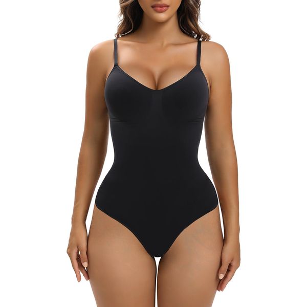 YIANNA Body Shaper Damen Bauchweg Shapewear Tanga Bodysuit Miederbody Stark Formend Shaping Top Schwarz mit Verstellbare Träger 5213 S/M