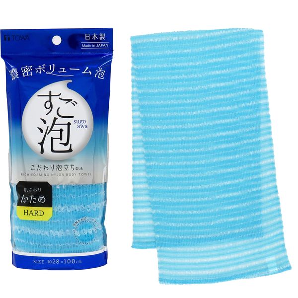 Towa Sangyo Body Towel, Super Foam, 4 Nylon Towel, Hard, Blue, Approx. 11.0 x 39.4 inches (28 x 100 cm)