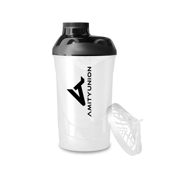 AMITYUNION Protein Shaker Schwarz Weiß Deluxe 800 ml - Eiweiß Shaker auslaufsicher - BPA frei mit Sieb & Skala für Cremige Whey Proteinpulver Shakes - Gym Fitness Becher für Isolate Sport Konzentrate